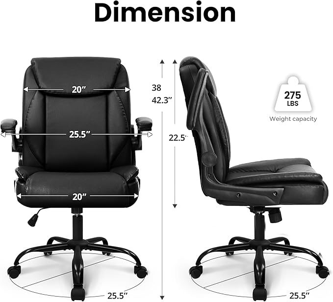 NEO Chair Office Desk Computer Chair Ergonomic Executive Mid-Back Leather Gaming Chair with Adjustable Flip-Up Armrests Wheels Swivel for Home Study Task (All Black)