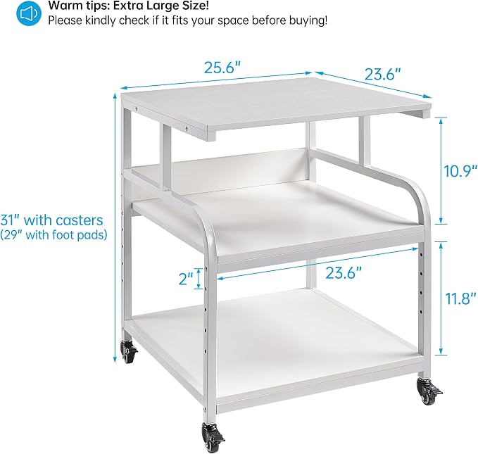 Fannova 25.6"x23.6"x30.9" Extra Large White Printer Stand with Storage | Height Adjustable Middle Shelf, Heavy Duty 3D Printer Table with Industrial Wheels, 3 Tier Printer Cart for Home Office