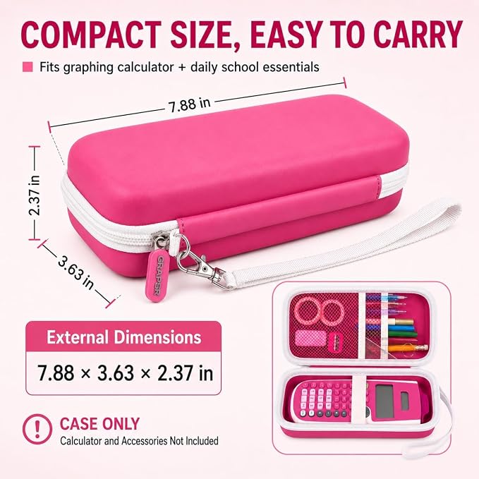 Pink Calculator Case for TI-30XS/TI-30XIIS/TI-30Xa/TI-36X Pro | Hard EVA Shell, Two-Layer Mesh Pockets, Elastic Holder, Wrist Strap, 7.48 x 3.23 x 1.18 in, School Exam Carry