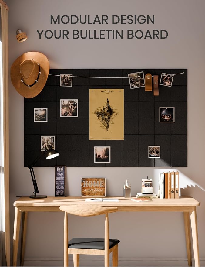 Fluxynara Felt Bulletin Board & Cork Board Alternative, Black | 36" x 24" Pin board, Removable Adhesive Tabs, Easy Install Without Wall Damage, For Home Office Decor