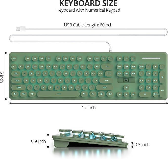 surmen Cute Quiet Keyboard Green Wired Typewriter Keyboard, Light Up Backlit PC Keyboards with Retro Round Keys Full Size 104 Keys for Office Computer (Dark Green)
