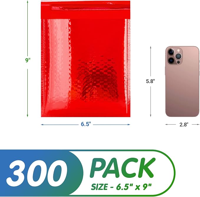 Glamour Metallic Bubble Mailers 6.5 x 9 Inches Red, 500 Pack Padded Envelopes for Shipping, Mailing, Packaging Protection