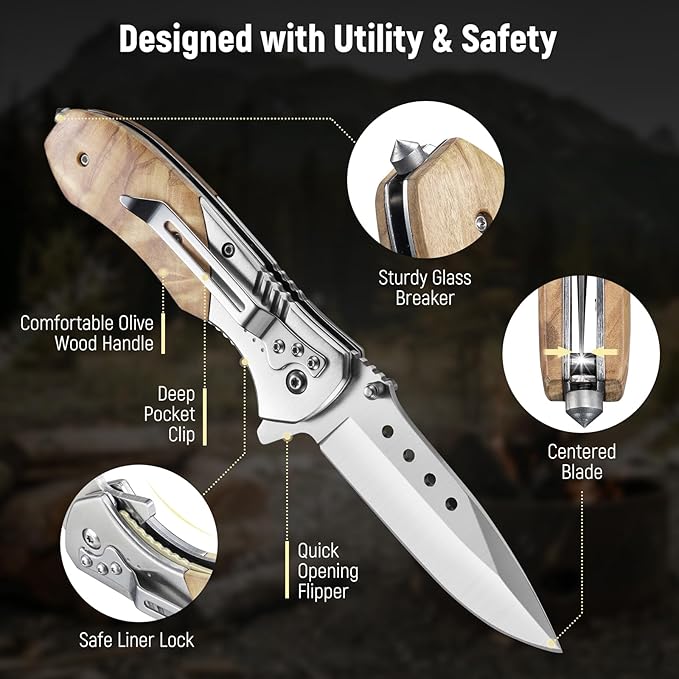 Pocket Knife for Men - Sharp Blade Wood Handle Pocket Folding Knives with Clip, Glass Breaker - EDC Knives for Survival Camping Fishing Hiking Women, Large, Olive