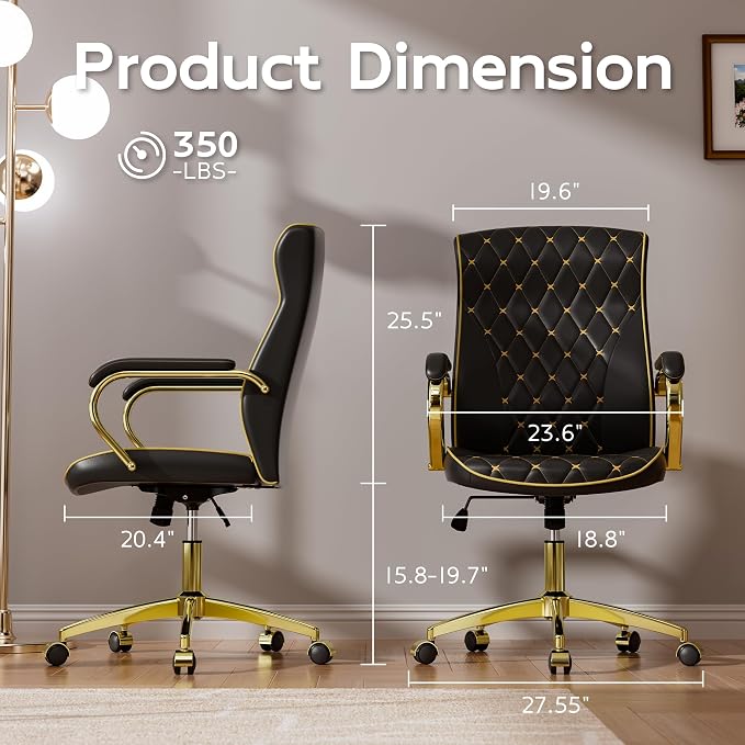 Black and Gold Office Chair, Luxury Leather Executive Desk Chair | Elegant Timeless Appeal, Vintage Mid Back Styling with Wheels and Padded Arms, Thick High Density Foam Comfort