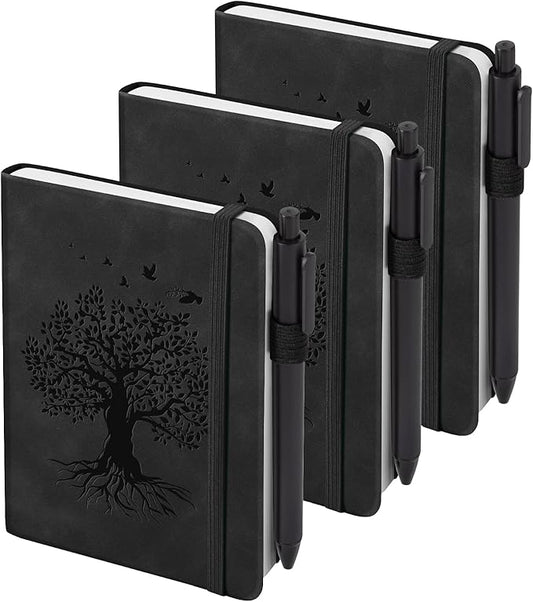 3 Pack Pocket Journaling Notebooks, A6 Small Notebook Total 360 Pages Journaling Notebooks For Note Taking Journals For Writing Mini Note Pads With Pen Holder 100 GSM Thick Paper(3 Black)