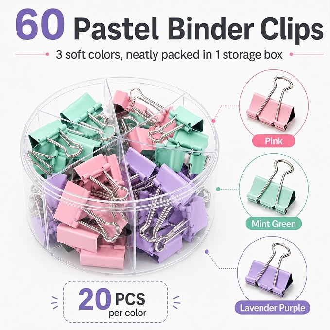Binder Clips Assorted Sized, Metal Clips for Office, 120 Psc | 2 Box of Colored Paper clips and Binder Clips, Cute Office Supplies, Desk Accessories, Black, Pastel Color
