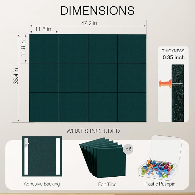 MaxGear Felt Bulletin Board 48" x 36", Dark Green Felt Wall Tile Wall Decor | Modern Cork Board For Office Alternative, 12 Pack 11.8" x 11.8" Wall Panels With Push Pins, Vision Board Office & Home Decor