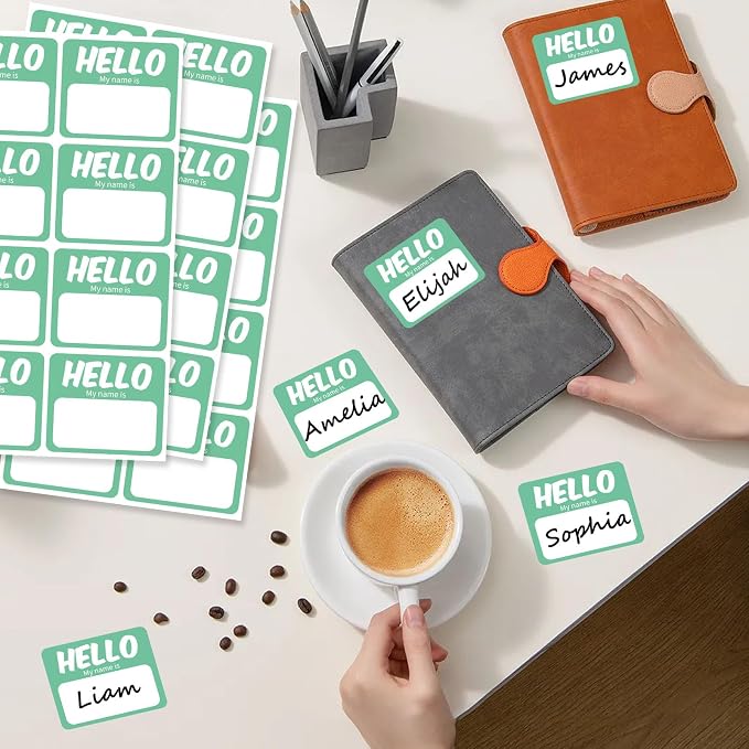 256 Pcs Name Tags Sticker 3"x2.5" Hello My Name is Stickers, Light Green Name Labels Adhesive Identification Name Badges for School, Office, Meeting, Family Parties, Mailing