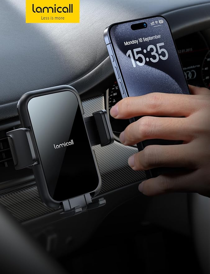 Lamicall 2026 Wider Clamp & Metal Hook Car Phone Holder Vent Accessories | Thick Cases Friendly Phone Holders for Your Car Mount Hands Free for Women Men for iPhone 17 16 15 14 13 Pro Max Lucite Black