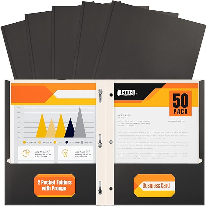 Better Office Products Black Paper 2 Pocket Folders with Prongs, 50 Pack, Matte Texture, Letter Size Paper Folders, 50 Pack, with 3 Metal Prong Fastener Clips, Black