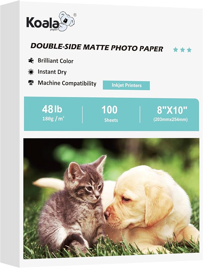 Koala Photo Paper Double-side Matte 8X10 Inches Compatible with Inkjet Printer 48LB for Presentation 100 Sheets 180GSM