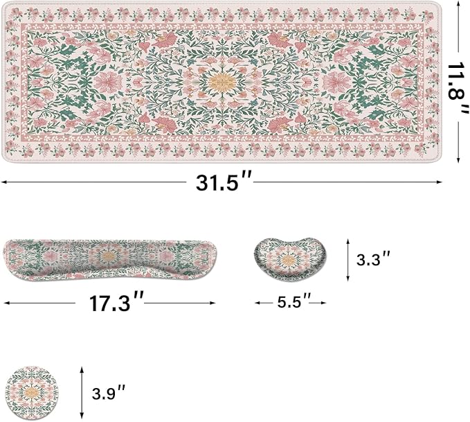 Desk Pad and Keyboard Wrist Rest, Large Mouse Pad + Keyboard Pad+Mouse Wrist Support, Non-Slip Desk Mat Protector for Office, Home 31.5×11.8 Inches Pink Floral