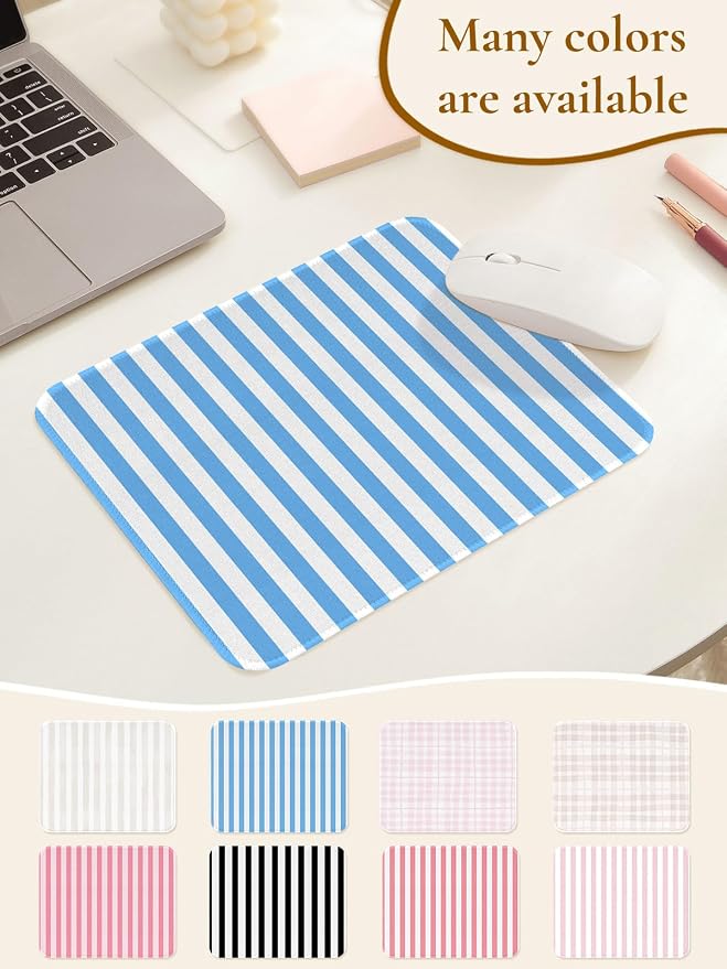 Square Cute Striped Mouse Pad with Stitched Edge, Premium Waterproof Cloth Aesthetic Small Mouse Mat, Non-Slip Rubber Base Simple Funny Mousepad Desk Accessories,Blue and White