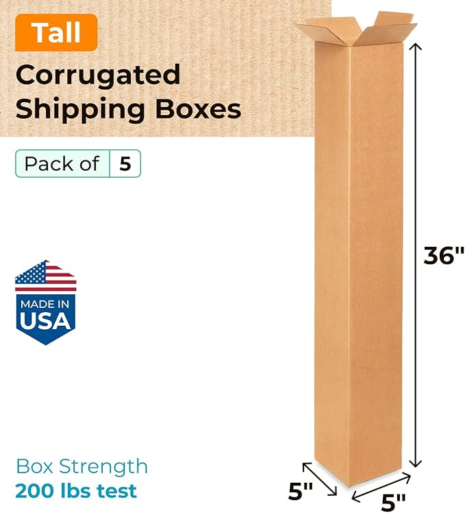 Tall Moving & Shipping Boxes 5 x 5 x 36 inches (5-Pack) - Extra Strength 200 lb vs Regular - USA-Made Corrugated Cardboard Boxes for USPS/UPS/FEDEX - Strong Moving Box - Shipping Box by IDL Packaging