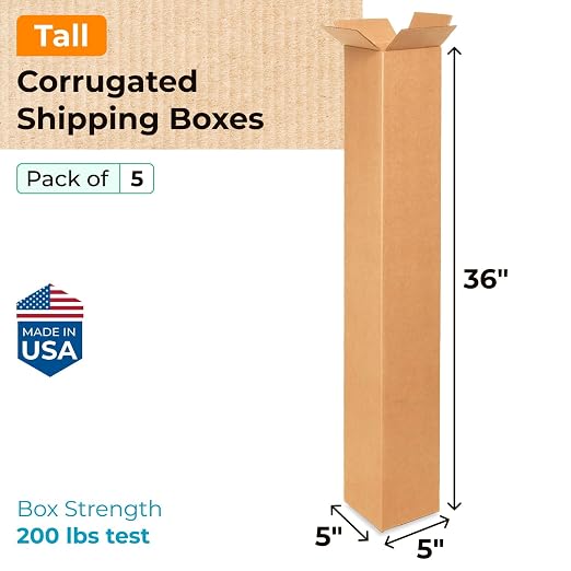 Tall Moving & Shipping Boxes 5 x 5 x 36 inches (5-Pack) - Extra Strength 200 lb vs Regular - Corrugated Cardboard Boxes for USPS/UPS/FEDEX - Strong Moving Box - Shipping Box by IDL Packaging | Extra Strength 200 lb vs Regular - Corrugated Cardboard Box...