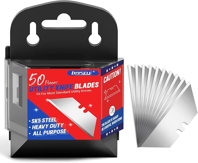 DIYSELF 50 Pack Utility Knife Blades, SK5 Steel Box Cutter Blades with Dispenser, Standard Blades for Box Cutter Utility Knife Replacement, Sharper Utility Blade, Refills | Standard replacement blade refills with dispenser for box cutters and razor kni...