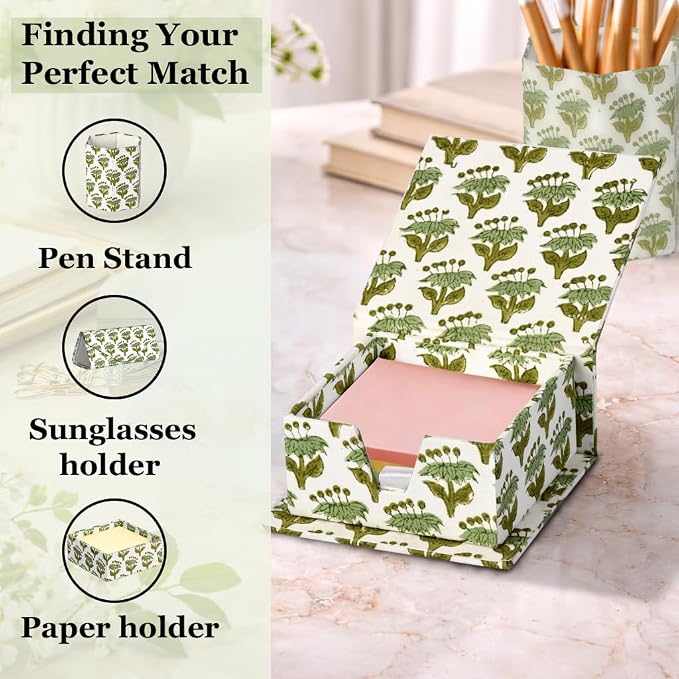 CPC Emerald Green Block Print Cotton Desk Organizer Sticky Note Holder | Cute, Aesthetic, Decor Accessories, Workspace Organizers, Caddy Storage, Gift for Office, Professionals, Student