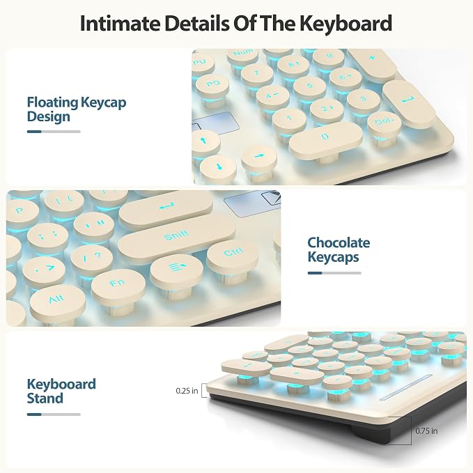 surmen Cute Quiet Keyboard Wired Retro Typewriter, Full Size Soft Keyboards with Number Pad, Round Keys, Backlit USB for Office, Desktop, Laptop (Beige)