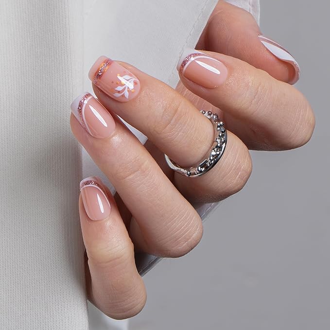 Curvlife Soft Gel Press on Nails, 30Pcs 15 Sizes Gold Edge Flower Style French Nail Tips, Full Cover Design Reusable Fake Nails Kit with Glue and Adhesive Tabs