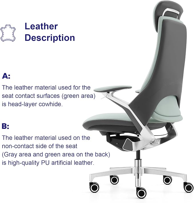 Genuine Leather Executive Office Chair，Top-Grain Cowhide, Ergonomic Design | Adjustable seat and headrest heights, 3-position recline (lockable)—suitable for home offices and high-end office settings.
