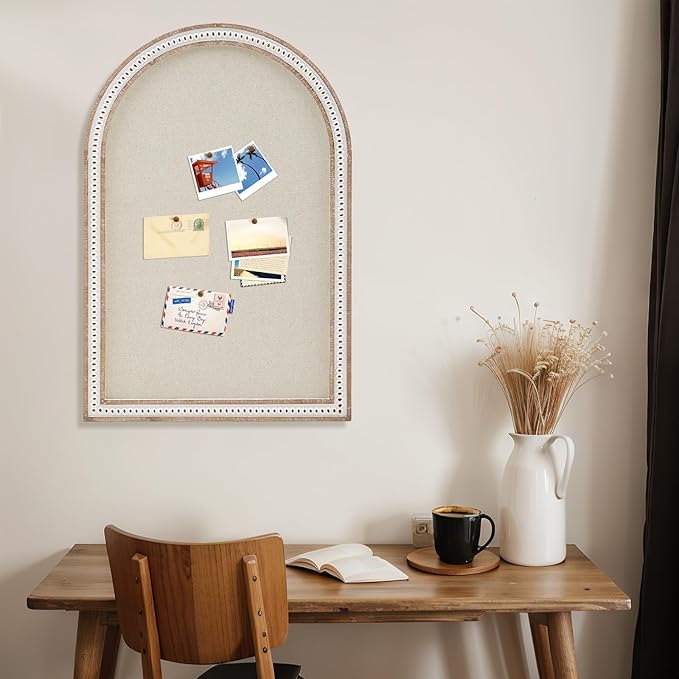 Vintage Framed Pin Board Linen Display Bulletin Board Large Ornate Fabric Picture Photo Pinboard Memo Decorative Prayer Pinboard Ornate for Wall Gift(Arch,24" X 36",Boho White)