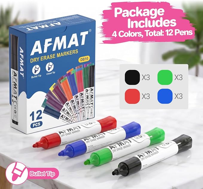 AFMAT Dry Erase Markers, 3x High Capacity, Liquid Bullet Tip Whiteboard Markers with Visible Ink Level, Low Odor Erasable Markers for Teachers, Classroom Essentials, Office Supplies[4 Colors, 12 Pack]