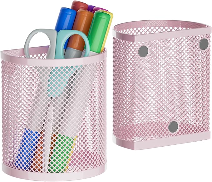 LUCYCAZ Magnetic Pen Holderr, 2 Pack Metal Stainless Steel Pen Basket | Locker Organizer Accessories, Powerful Magnet Pen Holder for Whiteboard,Refrigerator,Locker,Kitchen,Home,and Office Pink