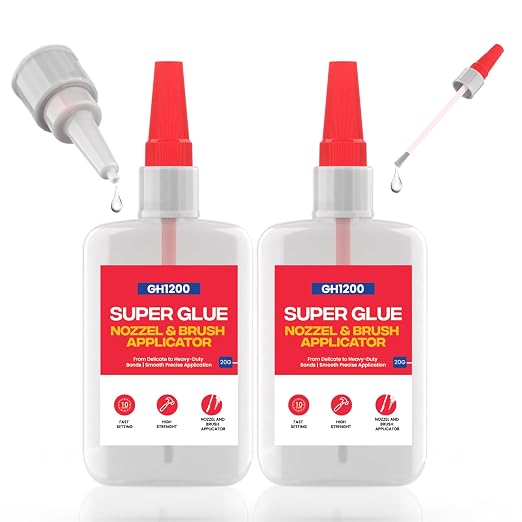 2 PCs (2-in-1) Super Glue with Brush Applicator & Nozzle, Mess Free Superglue Brush, Instant Never Dries, 3000 CPS Ca Glue, No Stain Clear Glue, Super Glue for Plastic, Rubber & More