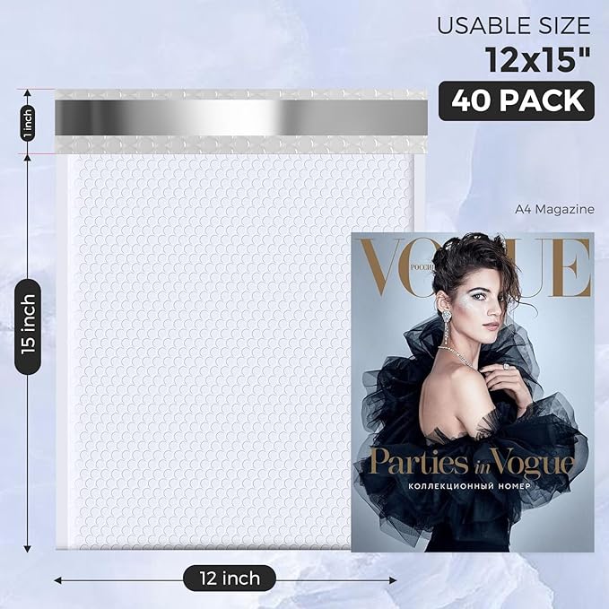 Metronic Bubble Mailers 12x15 Inch 40 Pack Large Bubble Mailer White Waterproof Padded Envelopes Opaque Cushioning Mailer for Shipping Clothes, Books,Jewelry Makeup Supplies