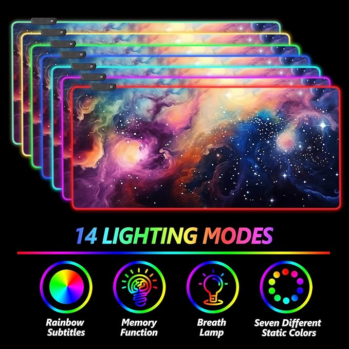 AIMSA RGB Mouse Pad LED Gaming Mouse Pad with 14 Lights Modes, Non-Slip Rubber Base Computer Carpet Desk Mat for PC Laptop (35.4 x 15.8 inch) Colorful Ink Starry Sky