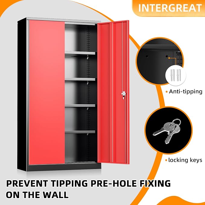 Metal Storage Cabinet with Doors, 72" Locking Steel Storage Cabinet with Shelves, Tall Metal Cabinet Lockable Steel Cabinets for Home Office, Garage,(Black+Red)