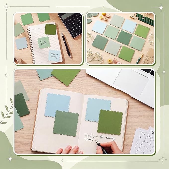 Epakh 10 Pack Scalloped Line Sticky Notes,3 x 3 Inch,Green | 300 Sheets, Small Notes Pads, Thick Note Pads, Strong Adhesive, Back to School Office Supplies