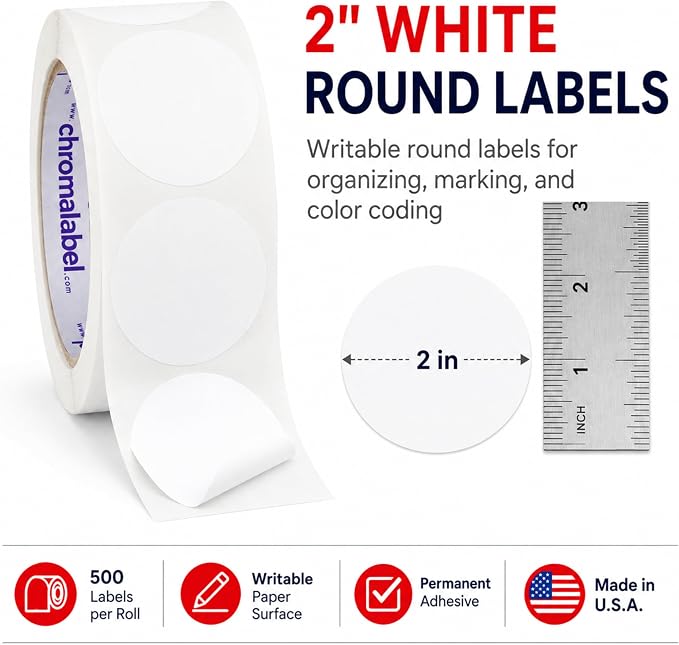 White Stickers, 2 Inch, 500/Roll | Writable Round Stickers with Semi-Gloss Paper for Inventory, Classrooms, and Offices. Made in USA