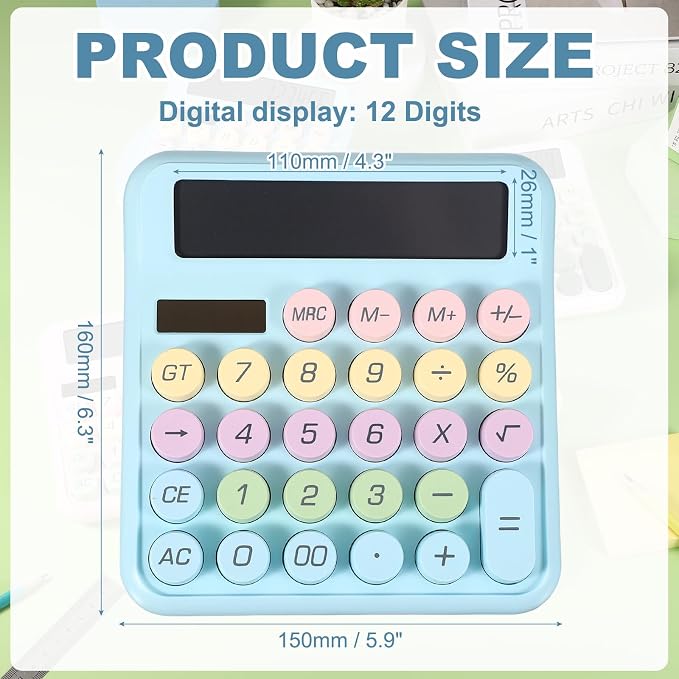 PATIKIL Cute Calculator, Desk Calculator Basic Big Button 12 Digit Large Display Mechanical AAA Battery Solar Power for Office Supplies Girl Female Woman Gift, Light Blue