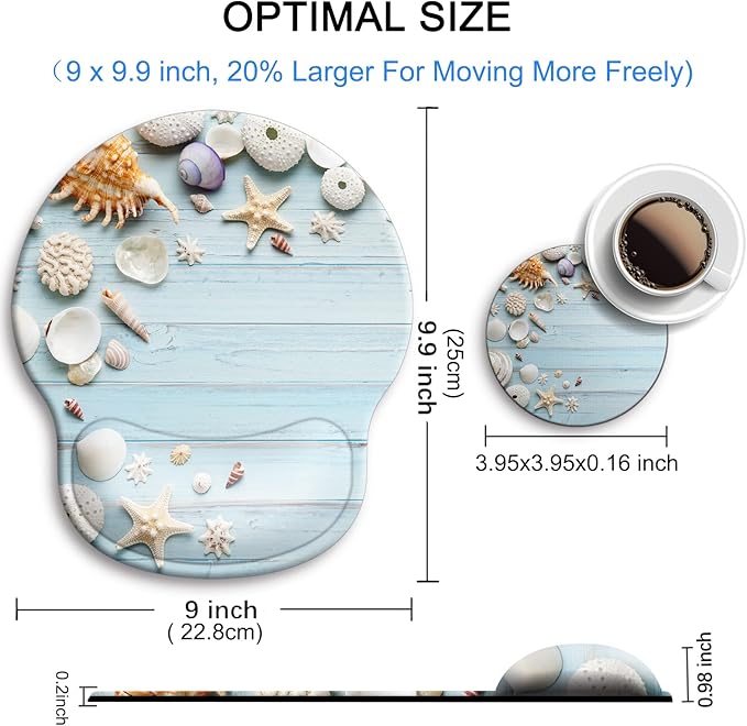 Ergonomic Mouse Pad with Wrist Support Rest,Large Mousepad Gel Wrist Rest, with Coaster Non-Slip & Pain Relief for Computer, Desk, Home&Office-Seashell