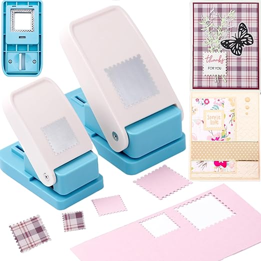 2 Pcs Stamp Punch, 1 inch Square Stamp Punches & 1.5 Large Squares Postage Stamps Punches, Square Puncher, Stamps Cutter, Stamphole Puncher, 1 inch Squares Punch for Paper Crafts DIY Scrapbooking