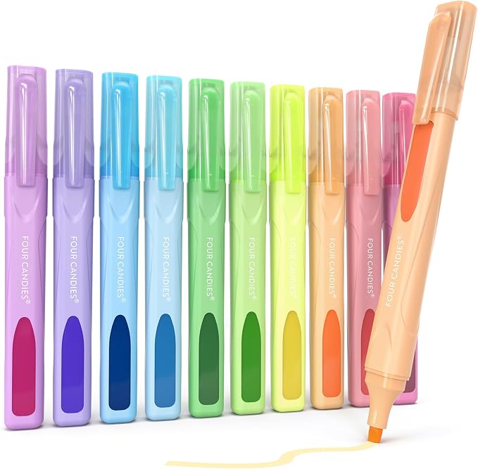 Four Candies Highlighters Assorted Colors, Classic Colors, 10 Count | Clear View Design, No-Bleed Ink, Soft Chisel Tip, Organizing, Journaling, Highlighting, Back to School Supplies