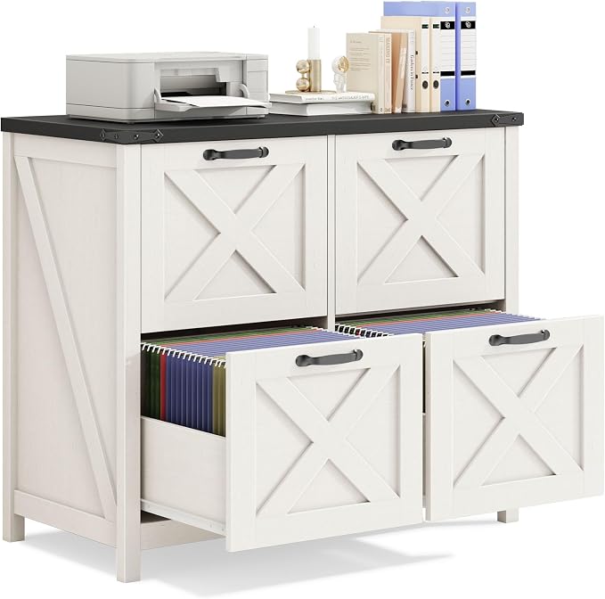Halitaa Farmhouse Lateral File Cabinet with 4 Drawers, White and Black | Lateral Filing Cabinet for Letter/A4 Size Hanging File, Wood File Storage Cabinet Printer Stand for Home Office Cabinet