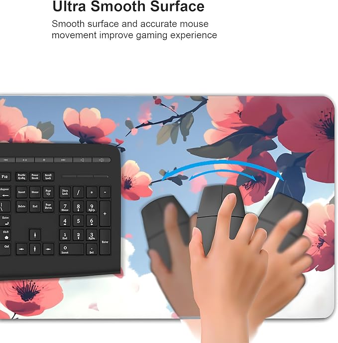 Cute Floral Aesthetic Cherry Gaming Mouse Pad, Blue Pink Anime Desk Mat with Anti-Slip Base & Stitched Edges, Office Supplies & Desk Decor for Women, 35.4" x 15.7" in Home Office Essentials