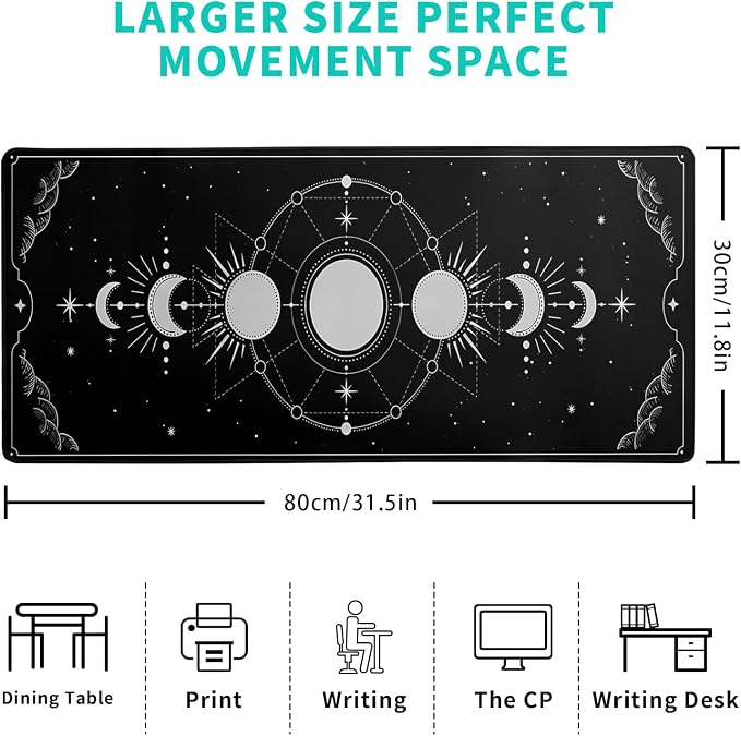 Sun Moon Gaming Mouse Pad Black Large Mouse Pad for Keyboard and Mousepad Desk Mat with 3mm Non-Slip Base and Stitched Edge for Gaming and Office Computer Mat Protector Mat 31.5x11.8 Inch