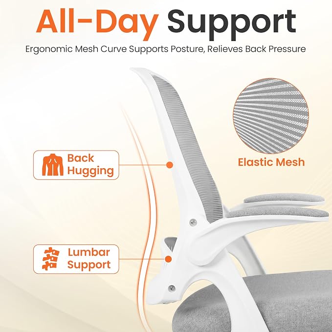 NEO CHAIR Office Computer Chair Ergonomic Mesh Back Flip-Up Arms, Grey | Lumbar Support, Smooth-Rolling Casters, Height Adjustable Seat, Comfortable Seating for Office, Study and Computer Work