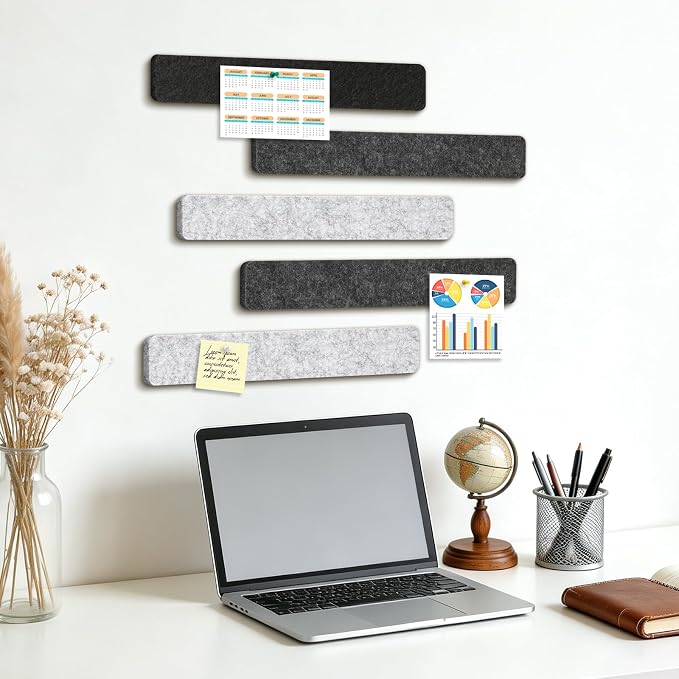 DOLLAR BOSS 10-Pack 13"x2" Felt Board Strips, Classic Grayscale | Small Cork Board for Walls, Alternative Bulletin Pin Board, Bar Strip, For Office Home Door Fridge, Includes 40 Pins