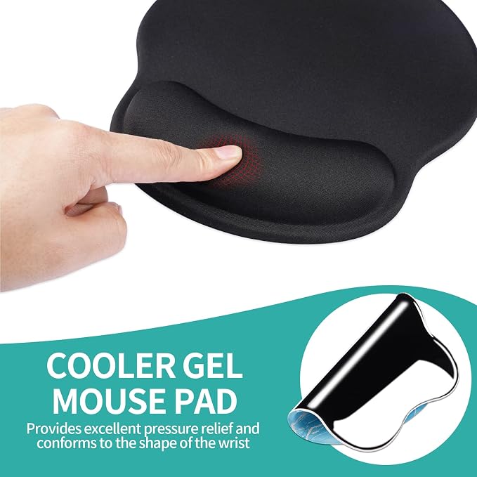 Mouse Pad with Wrist Rest, Comfortable Computer Mousepad with Gel Wrist Support Smooth Surface and Non-Slip PU Base for Pain Relief, Laptop, Office & Home (Black)