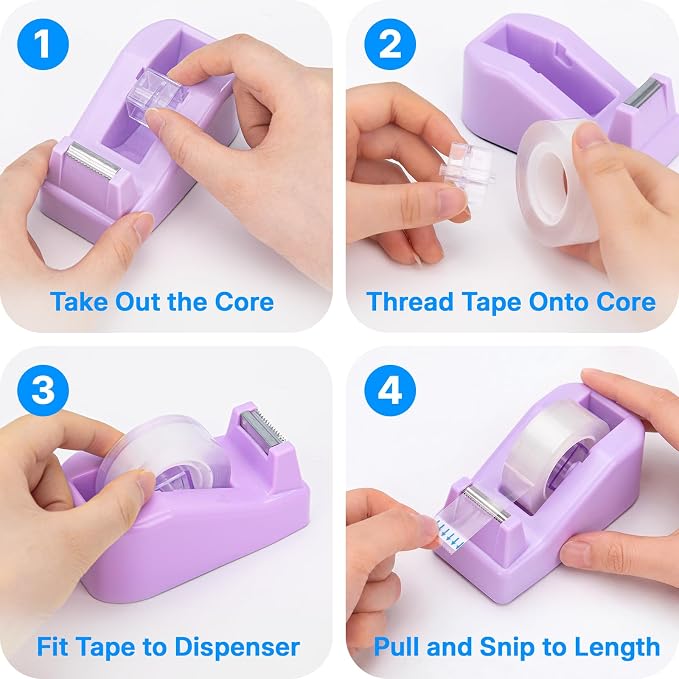 OWLKELA 1 Pcs Lightweight Desktop Tape Dispenser, Purple | Non-Skid Base, with 8Pcs Transparent Tape,Ideal for Office, Home, School
