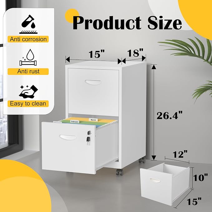 SteeLoong 2 Drawer File Cabinet,Metal Mobile File Cabinet with Lock White | Filing Cabinet with Wheel,Vertical File Cabinet for Home Office,Under Desk Rolling File Cabinets for Hanging Letter/A4