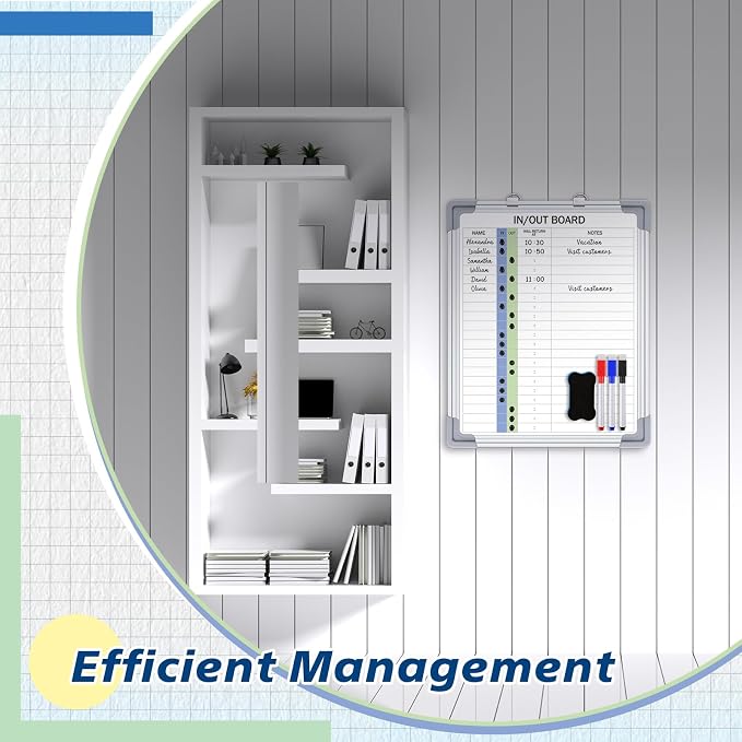 in and Out Magnetic Dry-Erase Board 16" x 12" Aluminum Framed White Board with Lines 21 Names with Magnetic Dry-Erase Marker, Eraser, and 20 Magnets Wall-Mounted for Office Employee