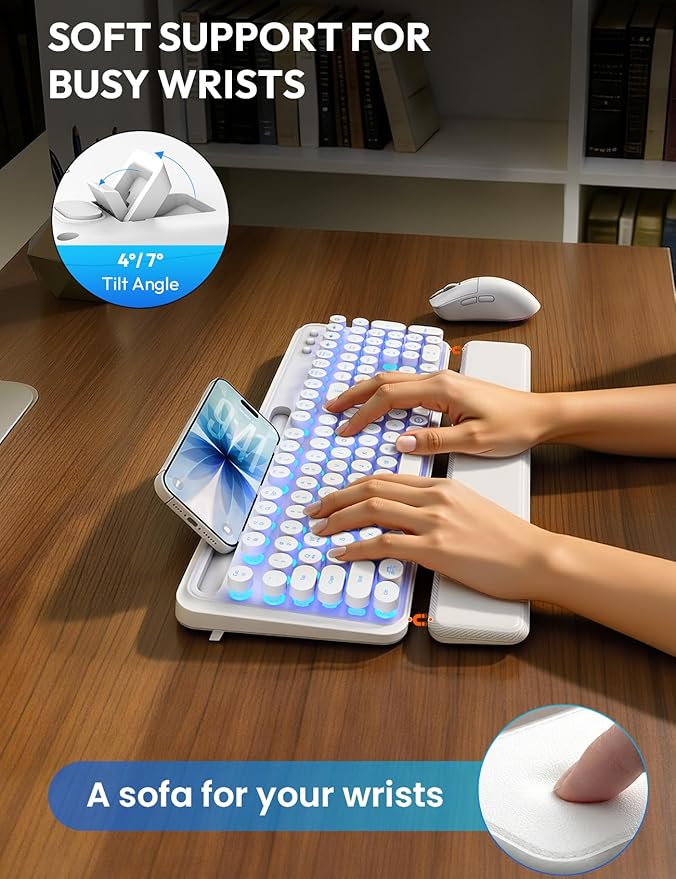 Wireless Keyboard and Mouse, Backlit Typewriter with Magnetic Wrist Rest | Phone Holder, Light Up Round Keycaps, Lighting Mouse, 2.4GHz Cordless Set for Mac, Windows, PC, Laptop, SABLUTE