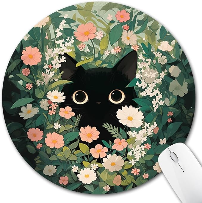 Hancynir Black Cat Round Mouse Pad, Small Mousepad for Laptop Desk Office | Mouse Mat for Computer, Non-Slip Rubber Base, Office Desk Decor, Gifts for Work Coworker Teacher, 8.6 Inch, Stitched Edges