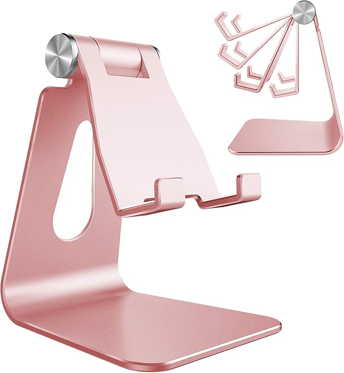 CreaDream Aluminum Cell Phone Stand, Adjustable Phone Holder for Desk | Adjustable Viewing Angle, Desktop Stand, Stable Base, Fits iPhone 17 16 15 14 13 Pro Max Desk Accessories Rose Gold