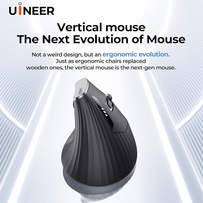 Uineer Vertical Ergonomic Mouse, Wireless Bluetooth Mouse, 3-Device,Quiet | Switch among 3 devices; side scroll wheel supports horizontal navigation for documents and spreadsheets.